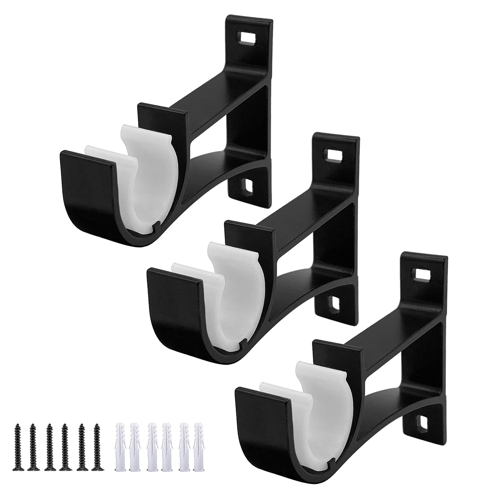 Set of 3 Curtain Pole Brackets, Heavy Duty Curtain Pole Holder Rail Brackets 25-28mm Curtain Rod Bracket, Black