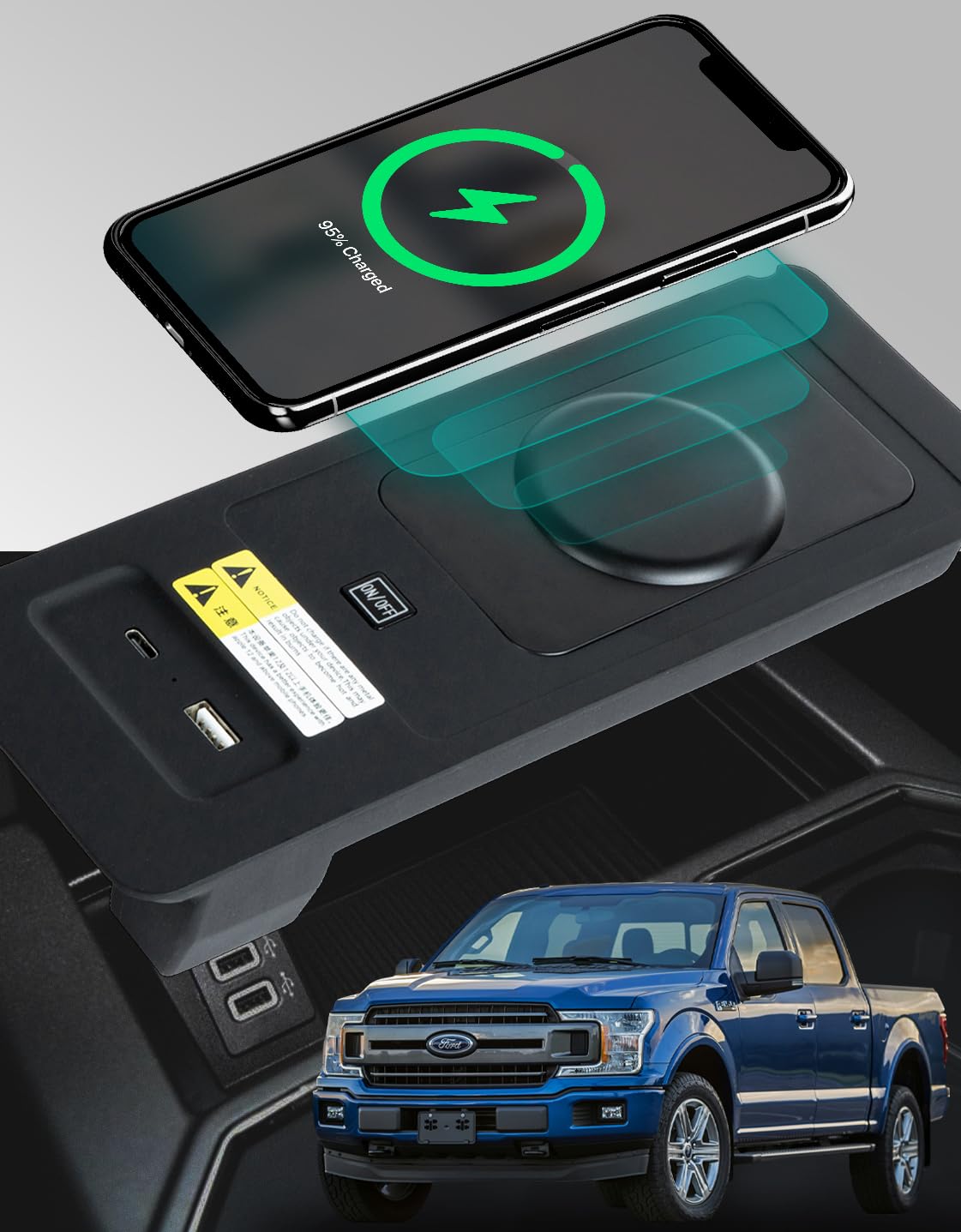 Photo 1 of GOMODIFY 15W Fast Wireless Charger Pad with Magnetic for Ford F150 2015-2020, Cigarette Lighter Plug, Compatible with iPhone 12, 13, 14