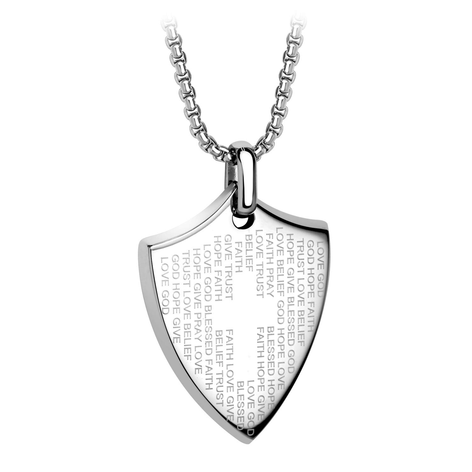 555Jewelry Stainless Steel Shield Cross Necklace for Men, Bible Verse Inspired Evngraving Polished Religious Crucifix Cross Pendant for Men & Boys, Silver, 22 Inches Box Chain