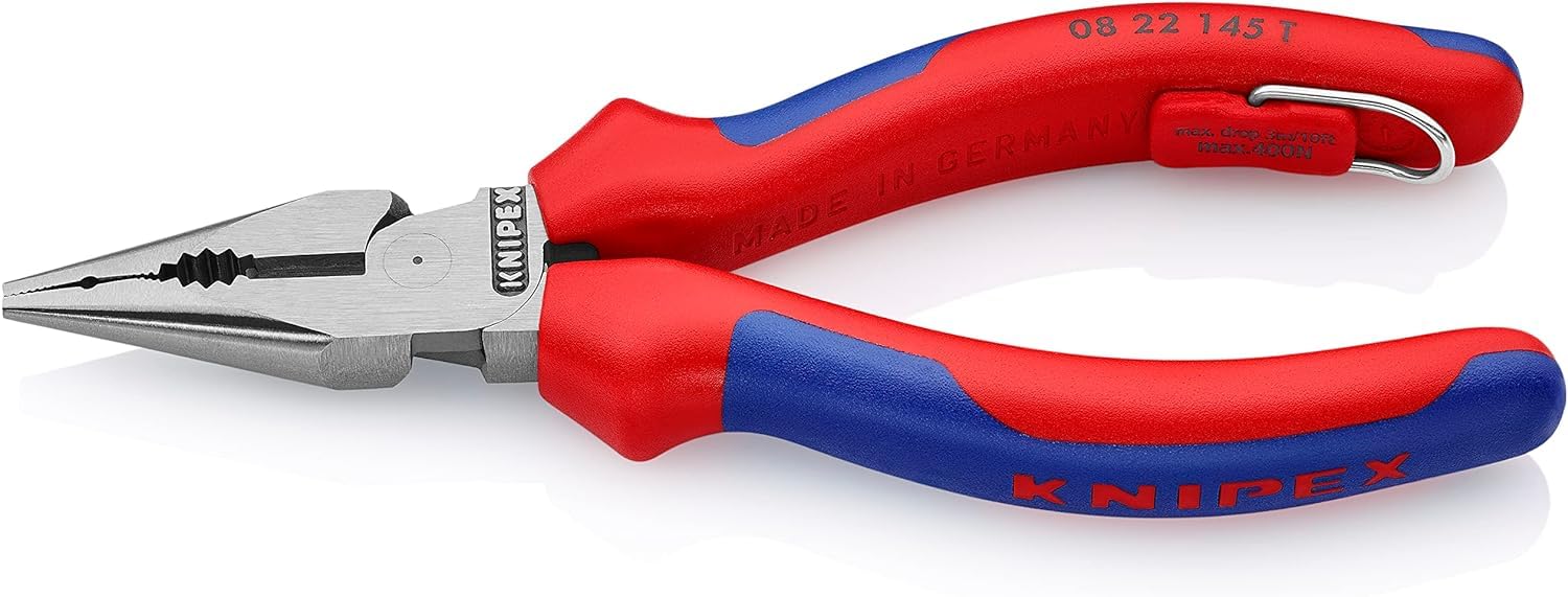 KNIPEX 08 22 145 T Needle-Nose Combination Pliers Black atramentized with Multi-Component Grips, with Integrated Tether Attachment Point for a Tool Tether 145 mm