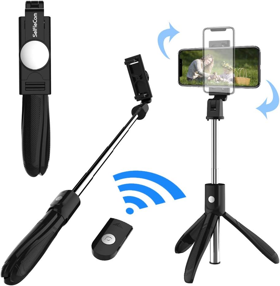 SelfieCom Bluetooth Selfie Stick Tripod Extendable Selfie Stick with Wireless Remote and Tripod Stand Selfie Stick for iPhone X/iPhone 8/8 Plus/iPhone 7/iPhone 7 Plus/Huawei/Samsung/Google (Black)