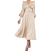 xxxiticat Women's Puff Sleeve Satin Maxi Dress Long Lantern Sleeve Button Down Ruffle Single Breasted Vintage Midi Dresses