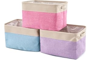 EZOWare Set of 3 Large Canvas Fabric Tweed Storage Organizer Cube Set W/Handles for Nursery Kids Toddlers Home and Office - 15 L x 10.5 W x 9.4 H -Mixed Crème