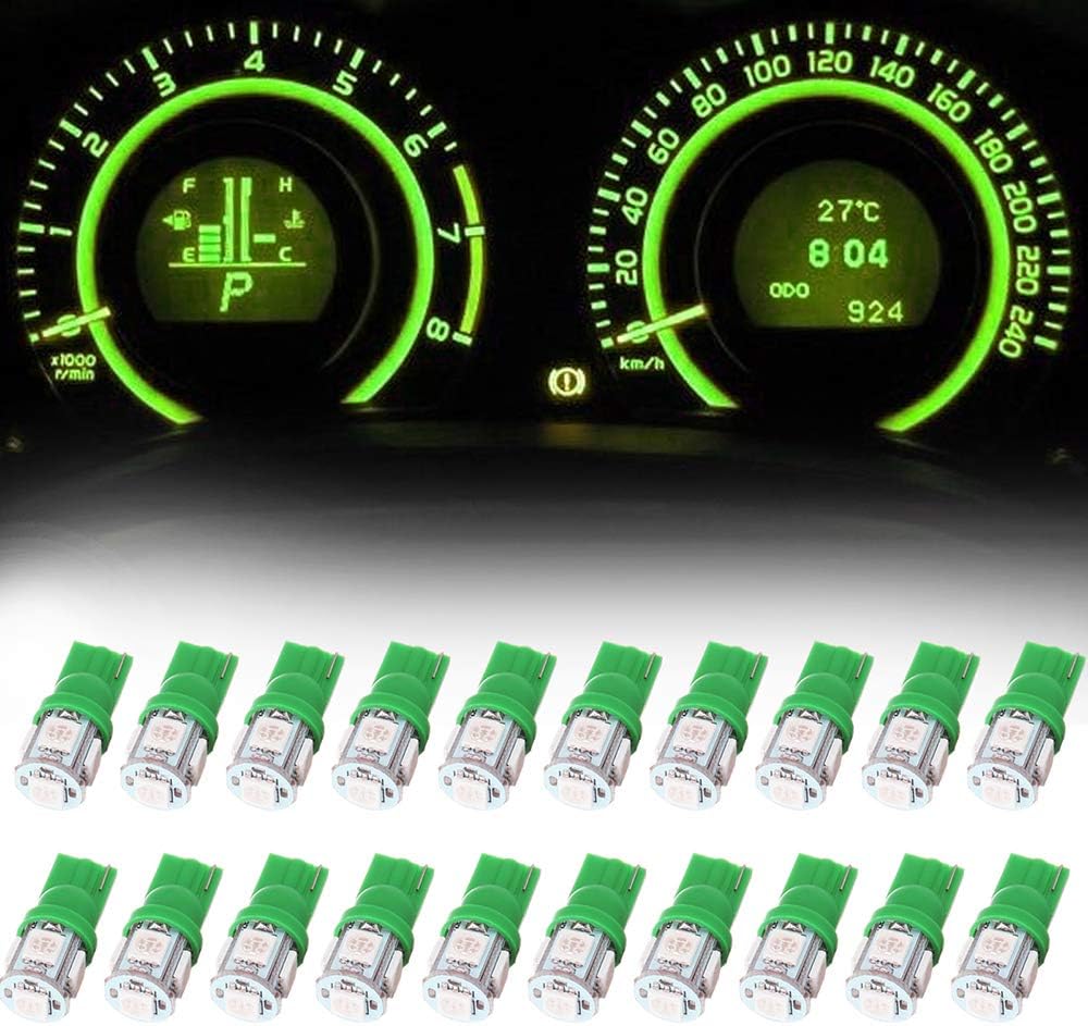 Frontl T10 LED Dash Light Bulbs Green 5-5050 SMD LED Bulbs 194 168 LED Light Bulbs Instrument Panel Gauge Cluster Indicator Lights,20Pack