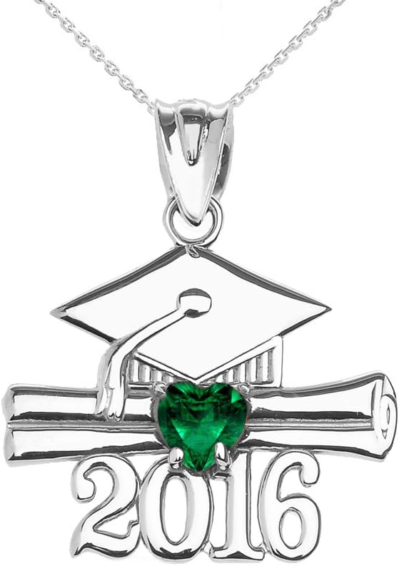 14k White Gold Heart May Birthstone Class of 2016 Graduation Pendant Necklace