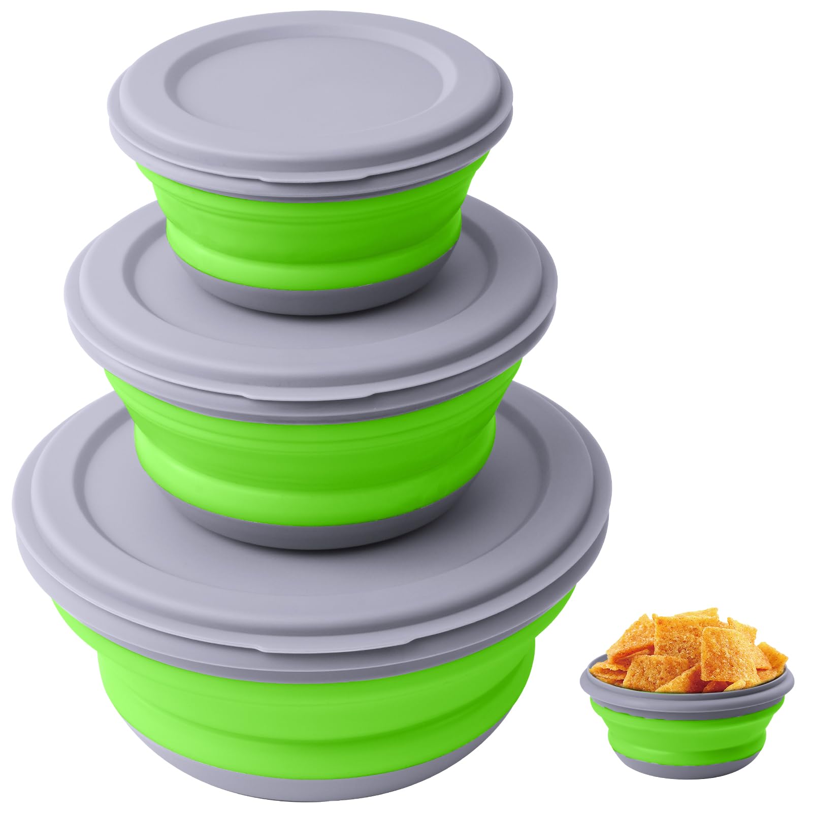 flintronic 3Pcs Collapsible Camping Bowl Sets, Portable Silicone Bowl with Lid, Folding Bowls, Portable Salad Bowls, Folding Lunch Box for Camping, Hiking, Kitchen, School