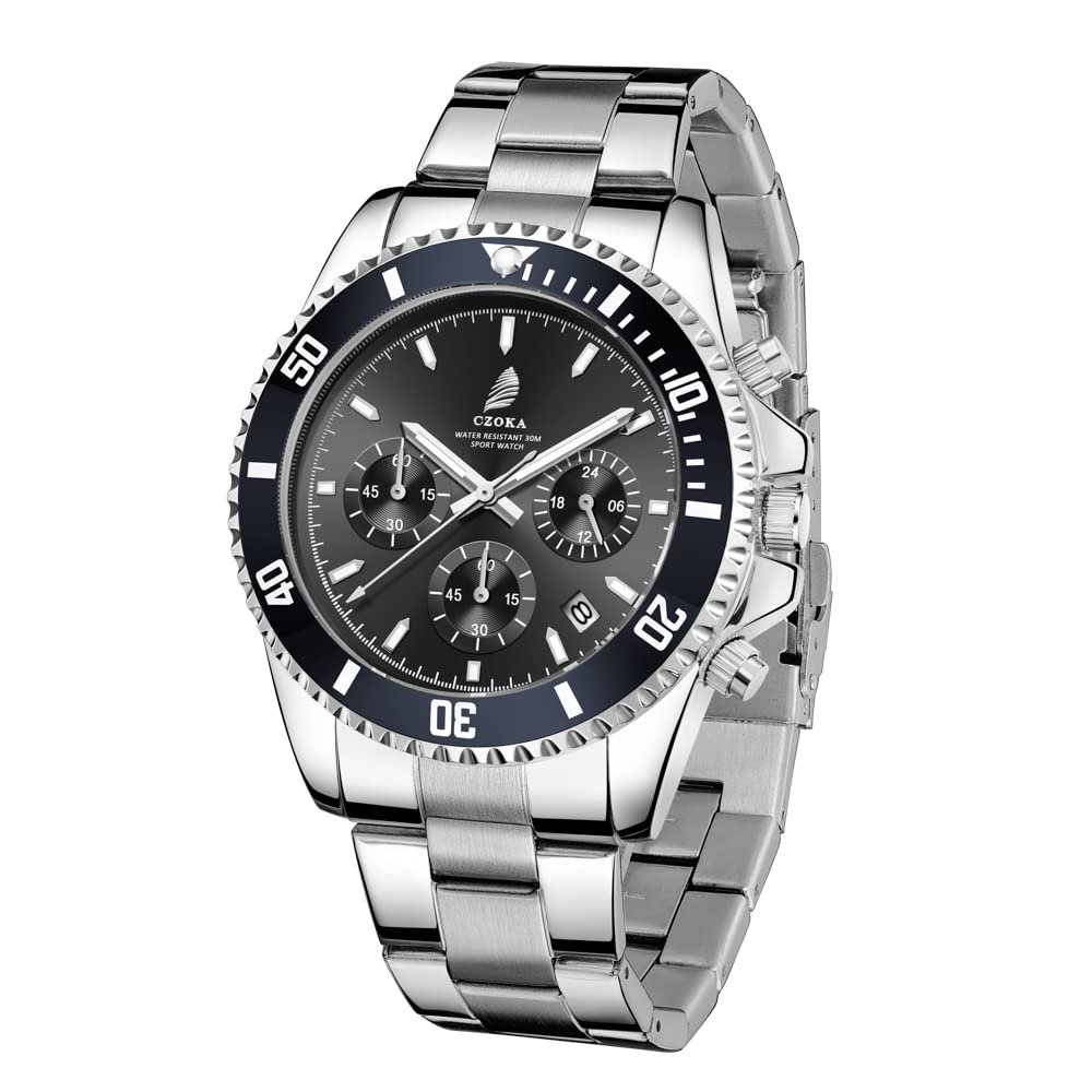 CZOKA Men's Watch Men's Chronograph Stainless Steel Waterproof Watch Men's Luminous Analogue Date Business Watch, Black, Bracelet