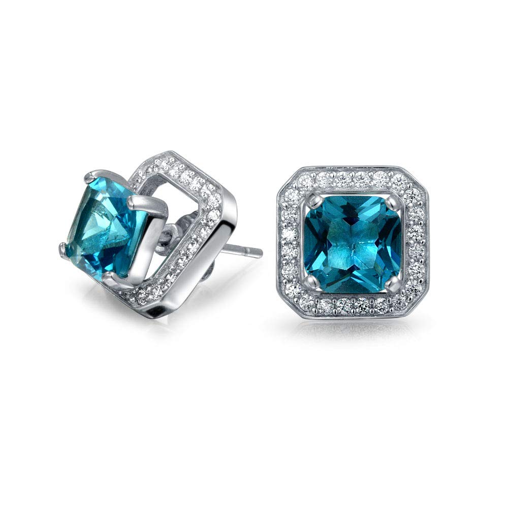 London Blue Cubic Zirconia CZ Halo Square Earring Jacket Princess Cut Stud Earrings Simulated Topaz 925 Sterling Silver