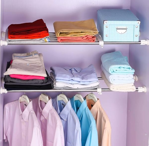 BAOYOUNI EXPANDABLE CLOSET TENSION SHELF ROD ORGANIZER ADJUSTABLE STORAGE RACK HEAVY DUTY CLOTHES HANGER METAL SPACE SAVING DIVIDER FOR BATHROOM KITCHEN CUPBOARD WARDROBE BOOKSHELF 32”-46”, IVORY