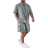 RoseSeek Men's Plus Size Two Piece Collared Neck Half Zipper T Shirts and Drawstring Shorts Clothing Set