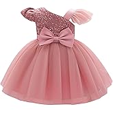 IBAKOM Baby Girl Sparkly Sequins Birthday Outfits One Shoulder Ruffle Sleeve Toddler Pageant Party Flower Girl Wedding Dress