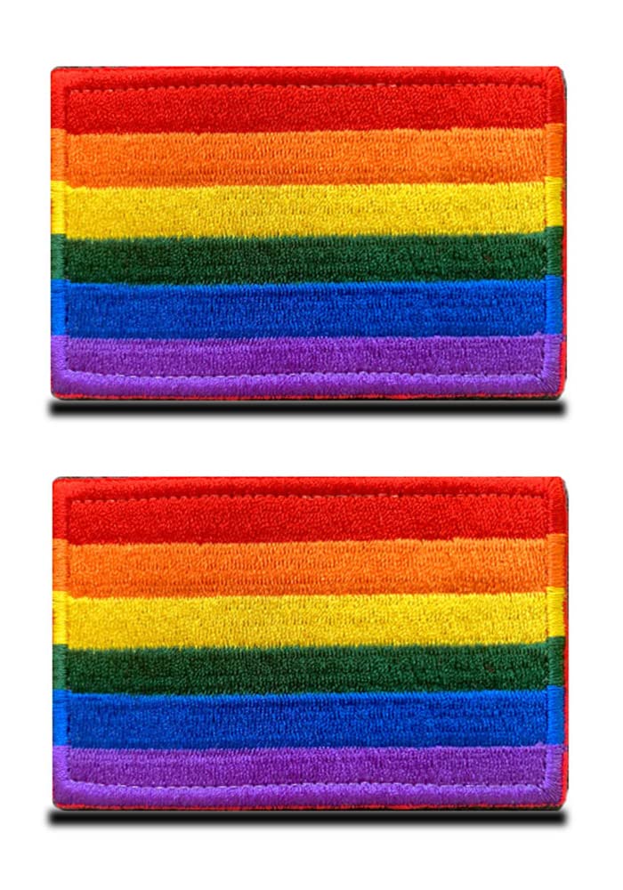 2 Packs LGBT Rainbow Flag Embroidered Hook & Loop Fastener Emblem Sew On Funny Gay Rights Patches -3.15x2 inch