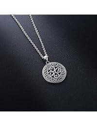 Collar con colgante redondo de plata de ley 925 con nudo celta de buena suerte oxidado, 20.0 in