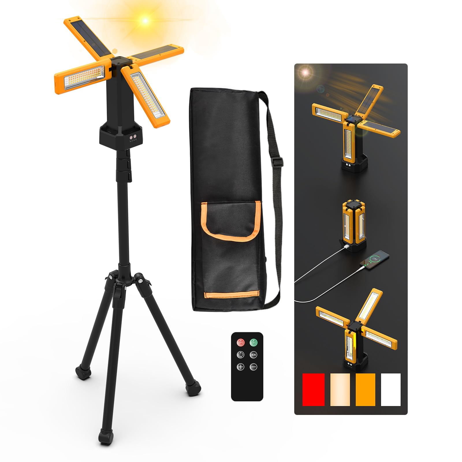 Photo 1 of 13200mAh Rechargeable Solar Work Light IPX4 Waterproof with Folding Stand and Carrying Bag, AODOO 8000 Lumen Cordless Camping Light , White/Warm/Nature White/RED(SOS) with Tripod (Orange(Remote))