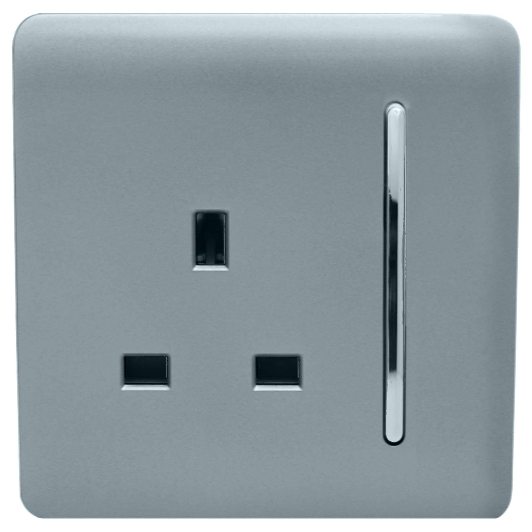 Trendi 1 Gang Raised Artistic Modern Glossy Screwless 13 Amp Single Pole with Chrome Switched UK Standard Electrical Double Wall Plug Socket in Cool Grey - ART-SKT13CG