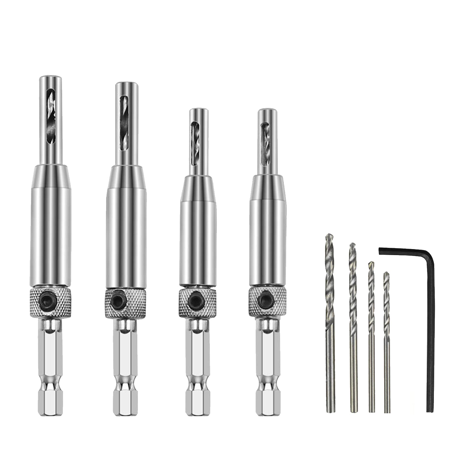 4 Pcs HSS Self Centering Hinge Drill Bits Set, 4 Pcs Drill Bit Set, 1 Hex Keys, Center Drill Bit Set for Wood Door Window Cabinet Drawer