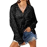 Sequin Button Front Shirt Silver Sequin Tops for Women Sparkly Long Sleeve Shirt Women’s Dinner Blouse Button Up Shirts