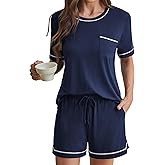 Braroz Supersoft Rayon Pajamas for Women Set Lace Trim Short Sleeve T-Shirt & Sleep Shorts 2 Piece Lounge Sets with Pockets