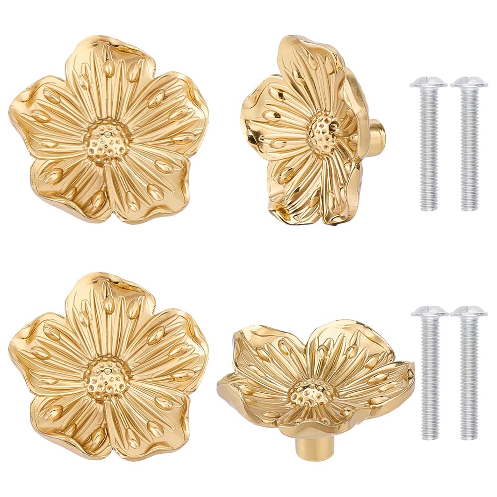 DELORIGIN 4pcs Flower Shape Brass Cabinet Knobs, Gold Brushed Drawer Knobs Dressers Pulls Cabinet Hardware Handles Creative Petal Kitchen Knobs for Drawer Bathroom Closet Wardrobe Dresser Cabinet