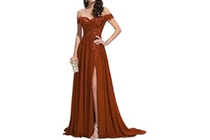 seezom Women's Laces Appliques Bridesmaid Dress Chiffon Prom Dress Off Shoulder Formal Evening Party Gowns with Slit