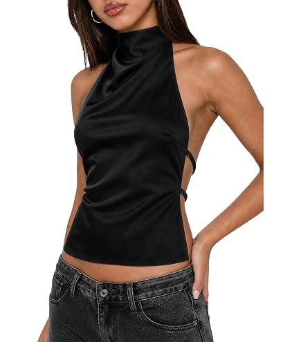 Women Halter Backless Tank Tops Cute High Mock Neck Cami Sexy Open