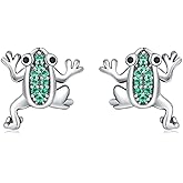 Rofeego 925 Sterling Silver Jumping Tree Frogs Stud Earrings, Cute Fun Critters Jewelry Gift,Green Crystal Inlay