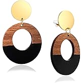 Fiklon Wooden Geometric Clip On Earrings Women Gold Black Wood Non Pierced Ears Dangle Drop Earrings Triangle Leaf Comfortable Clip Earrings Jewelry