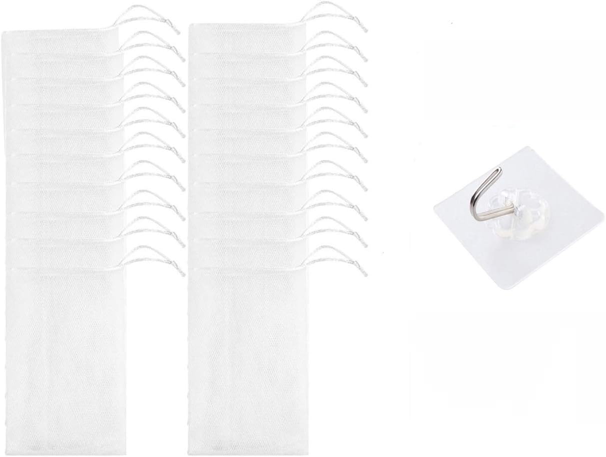 20 PCS Exfoliating Mesh Soap Saver Pouch - Mesh Pouches - Bubble Foam Net Soap Sack Saver Pouch Drawstring Holder Bags + 1pcs Silicone cleansing brush and 1pcs No trace hook (Color Random)