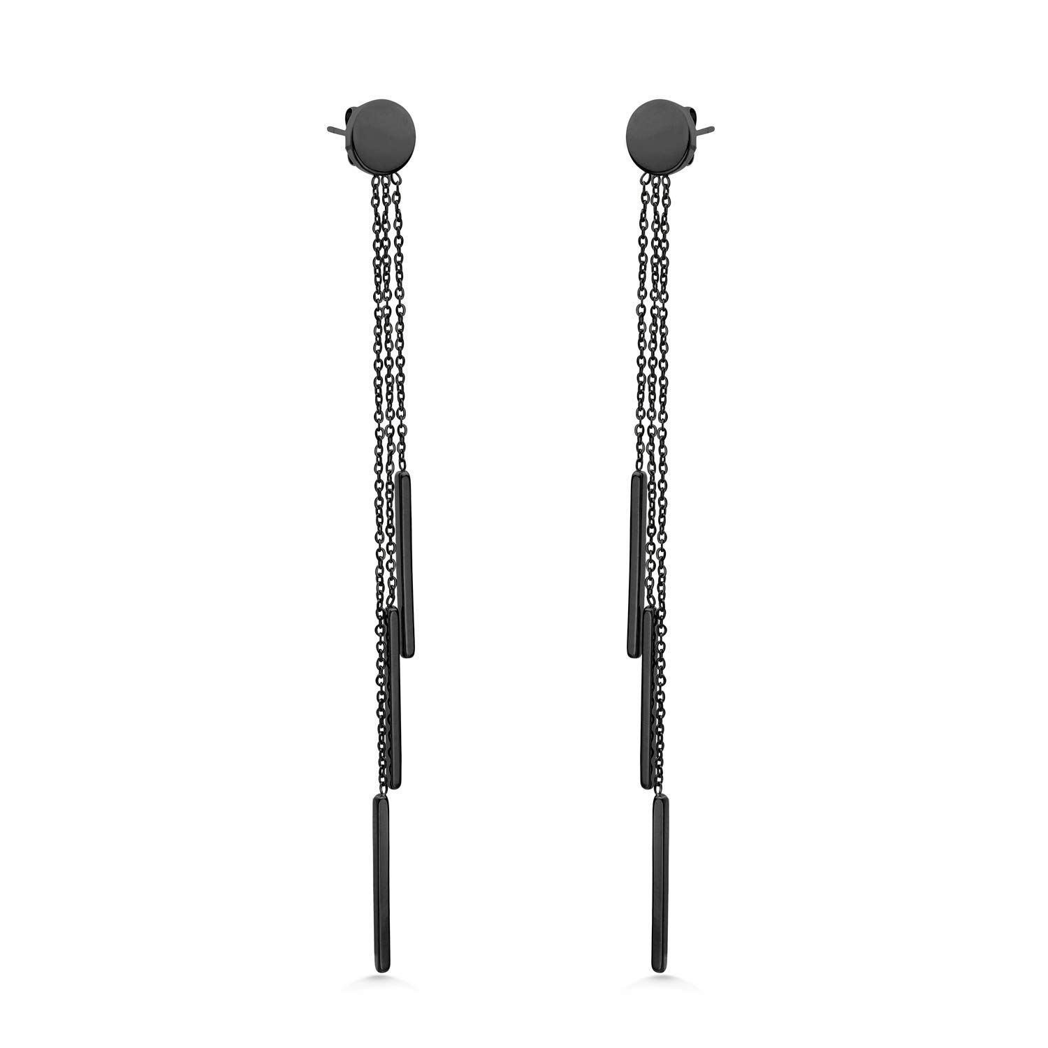 555Jewelry Womens Stainless Steel Chic Cute Stylish Triple Bar Tassel Long Chain Drop Dangle Dangling Earring Pair Classic Fashion Accessory Jewelry Post Nut Earrings, Black