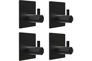 SAYONEYES Matte Black Self Adhesive Towel Hooks for Bathroom Wall Door Mounted - SUS304 Stainless Steel Strong Strips Stick on 3M Wall Hooks for Hanging Coat, Hat, Bag, Key, Jacket – 4 Pack