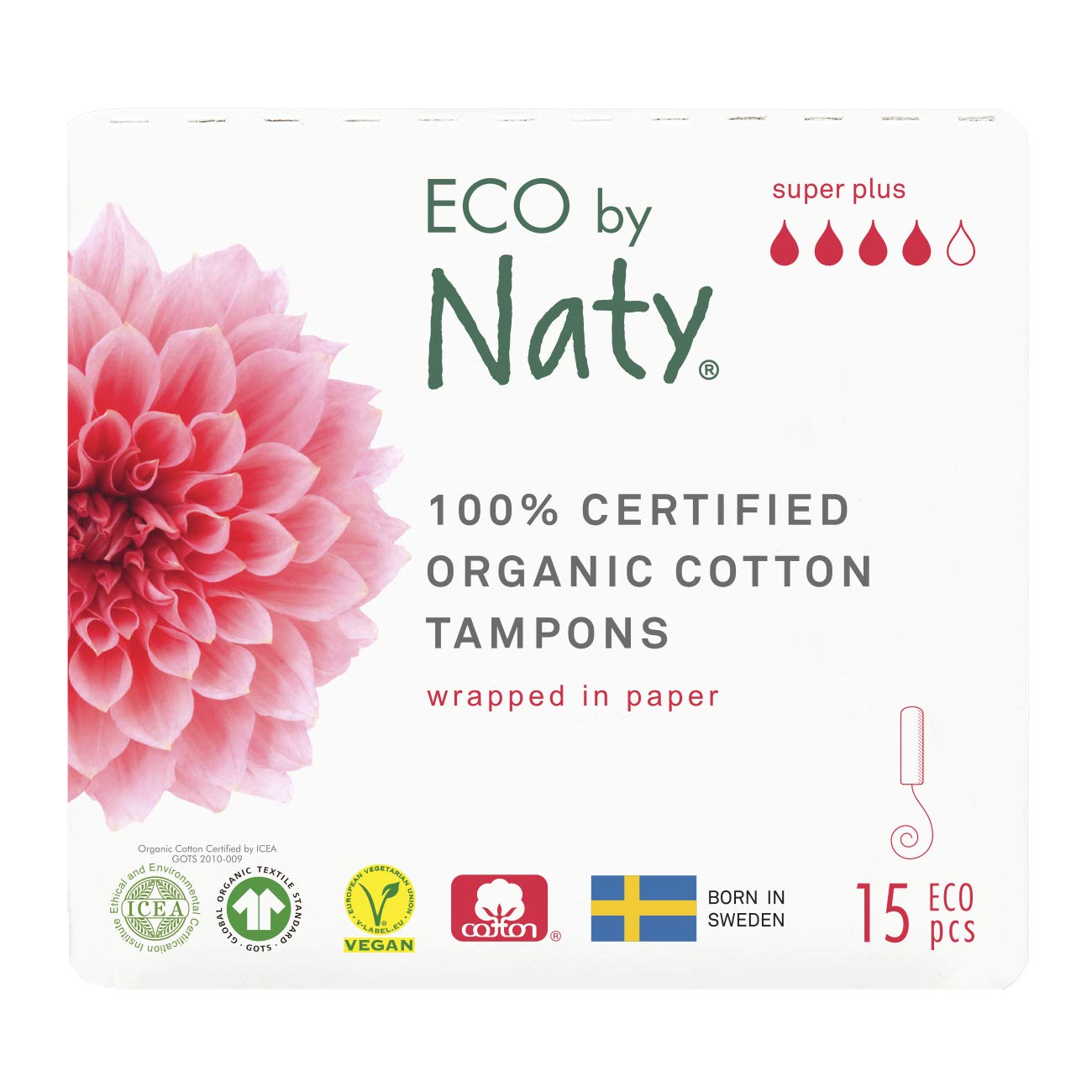Eco by Naty Tampons - Super Plus, 15 tampons. Plant-Based, Vegan, 100% Organic Cotton