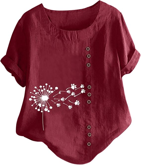 Women's Linen Blouses Women Spring Summer Casual Round Neck Short Sleeve TShirt Loose Tunic Top