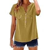Womens Cotton Linen Shirts V Neck Short Sleeve Blouses Loose Collared Button Down Shirt Casual Comfort Work Tops