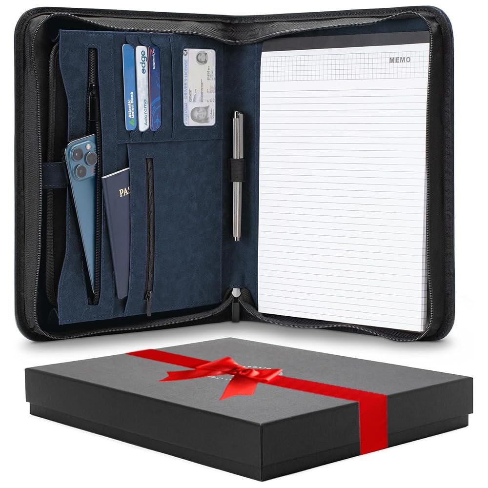 Forevermore Portfolio Padfolio Folder with Zipper - Professional Faux Leather Travel Organizer Pouch for Tablet, Documents, Presentation Folders, Zipper Closure, Notepad - Blue