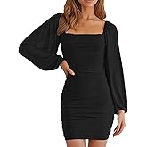 OKIFOIR Mesh Cocktail Dresses for Women Elegant Square Neck Lantern Long Sleeve Mini Ruched Bodycon Party Dress