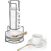 Lareina 8 Ounce Porcelain Cappuccino Cups Set of 4, Stackable Coffee Cups with Saucers, Spoons and Metal Stand -for Specialty Coffee Drinks, Cappuccino, Latte, Americano and Tea, White