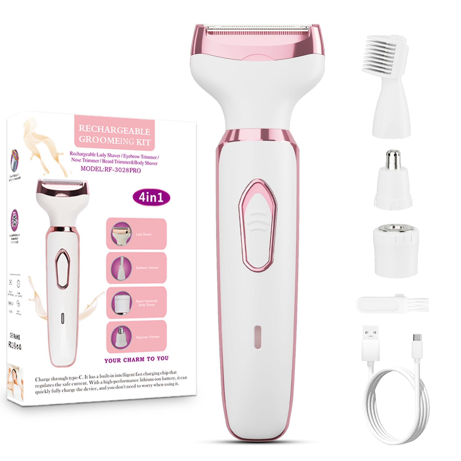 Photo 1 of Women's Electric Razor Bikini Trimmer, 4-in-1 Cordless Shaver for Face, Legs, Underarms, Pubic Hair – Wet/Dry Use, Painless Hair Removal
