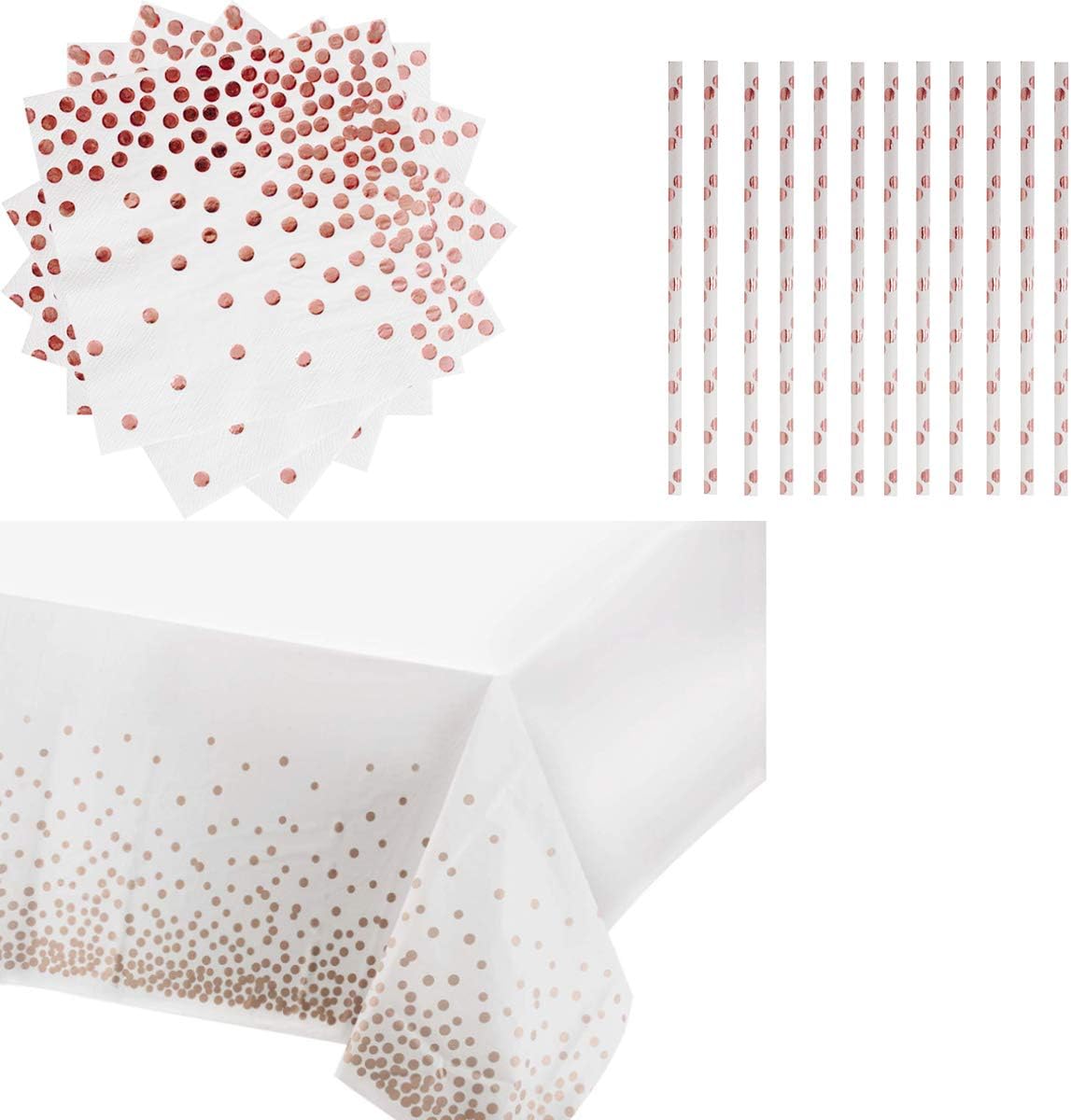 MOLECOLE Rose Gold Party Supplies Party Tableware Decorations,Kit 1 Rose Gold Polka Dot Tablecloth，25 Pcs Rose Gold Polka Dot Napkins, 25 Pcs Rose Gold Polka Dot Paper Straws ，for Wedding, Birthday