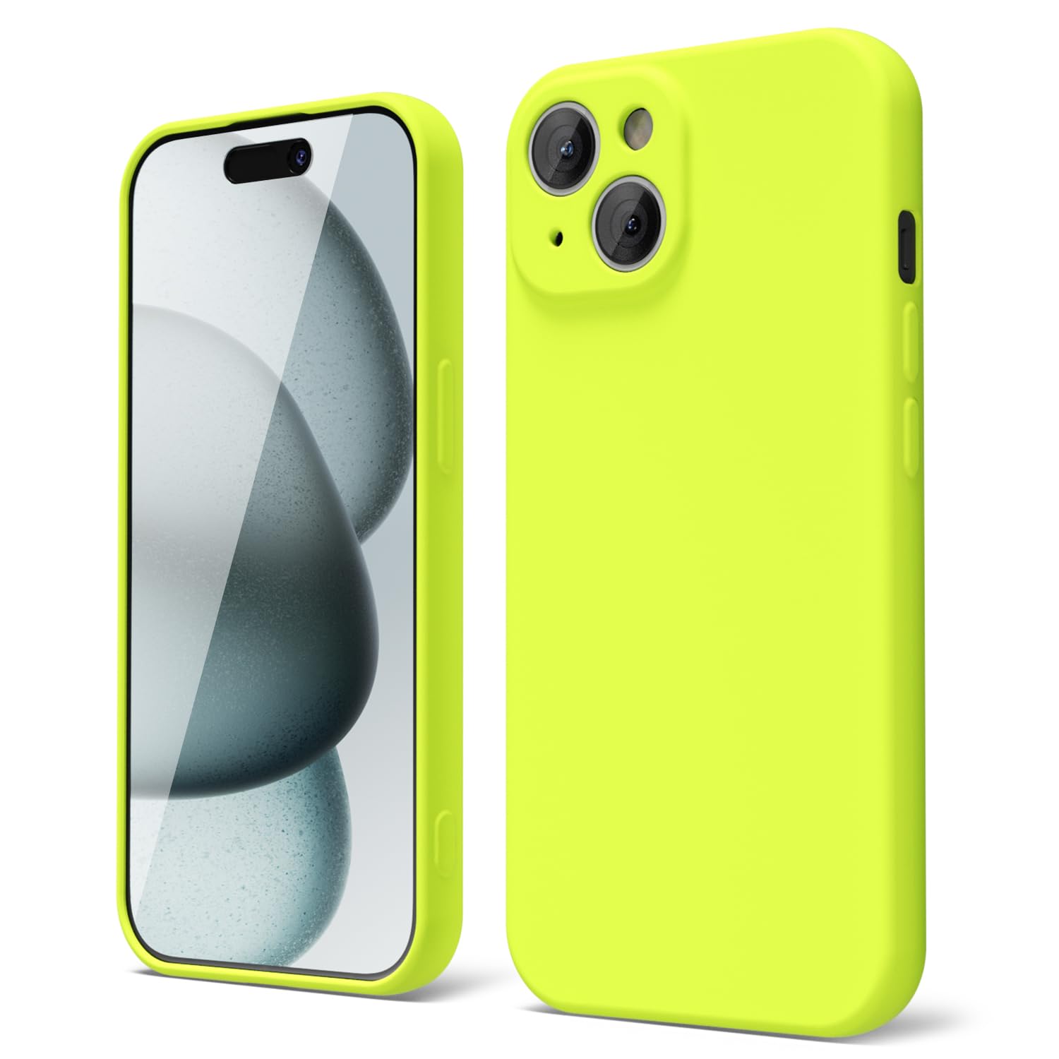 Photo 1 of oakxco for iPhone 15 Phone Case Liquid Silicone, Cute Thin Slim Soft Rubber Gel for Women Men, Smooth Matte Plain Solid Bright Color Girly Simple Case with Camera Cover, Fluorescent Neon Green Lime