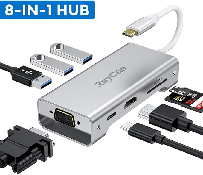 title=Ray Cue Hub USB C Hub 8 in 1, Tipo C a HDMI e VGA, 3 Porte USB 3.0, Lettore di