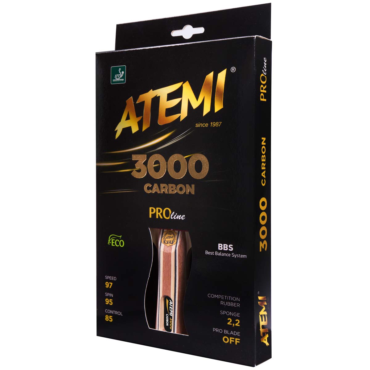 Atemi 3000 Pro Carbon Table Tennis Racket | Optimal Control And Power | ITTF Approved Rubber |Natural Exotic Woods |All Levels | Optimized Sleeves, Colours And Conditioning