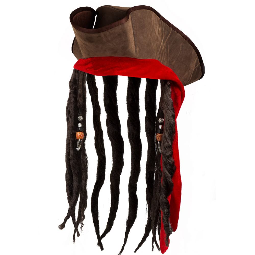 Boland Brown Pirate Hat with Hair Dreadlocks Captain Jack Headwear Buccaneer Dress Up Adult OneSize