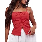 SOLY HUX Women's Tie Front Button Down Cami Top Y2k Spaghetti Strap Bustier Corset Tops Camisole Solid Red Medium