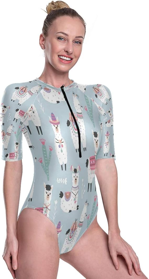 Amazon 半袖ワンピース水着 白いアルパカ レディース 競泳水着 女性半袖スイムウェア フィットネス水着 体型カバー トレーニング ウェットスーツ スクール水着 温泉 水泳 プリント 海水浴 かわいい ファスナー付き ワンピース 通販