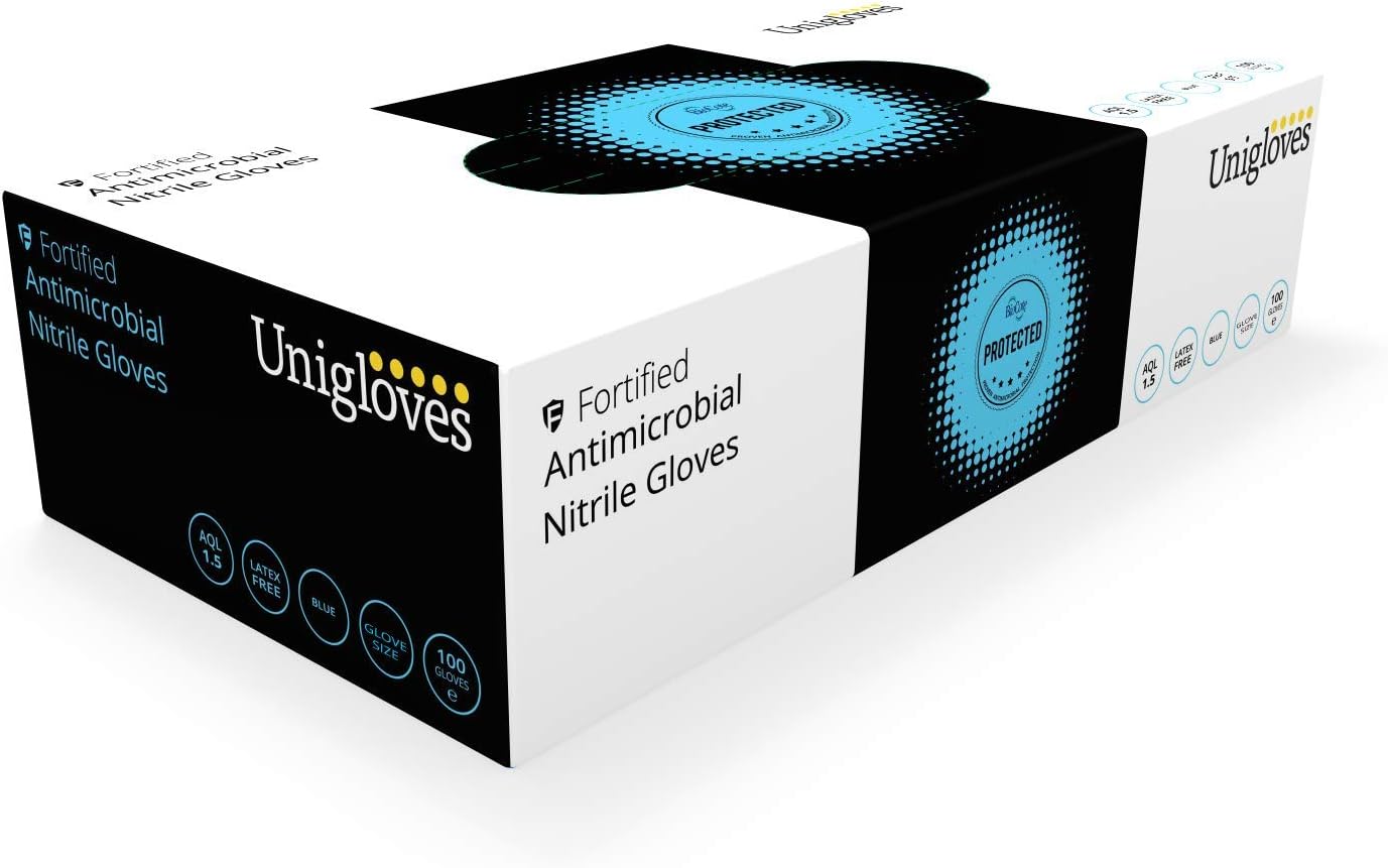 Unigloves GF0013 Fortified Gloves, Nitrile, Medium, Blue (Pack of 100)