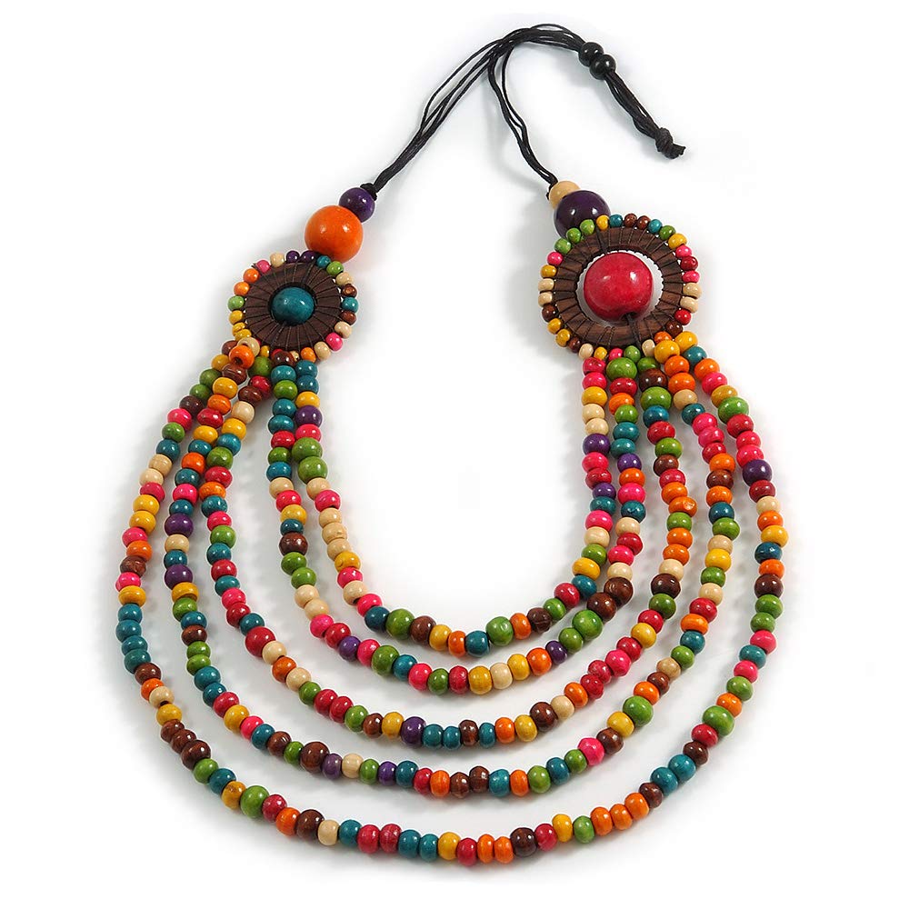 Avalaya Multicoloured Layered Multistrand Wood Bead Black Cord Necklace - 100cm L