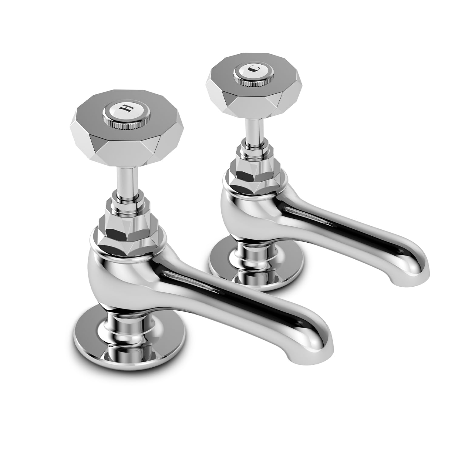 VANCOCO Traditional Chrome Brass Basin Tap Pair 1/2", Victorian Style Hot and Cold Head Round Lever Bathroom Sink Taps, Polished Chrome Brass Pillar Toilet Sink Wash Faucet Set of 2