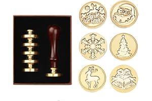 Merry Christmas Wax Seal Stamp Set, 6 Pieces Sealing Stamps Copper Seals 1 Wood Handle, Waxing Seal Stamp Kit for Cards Envel