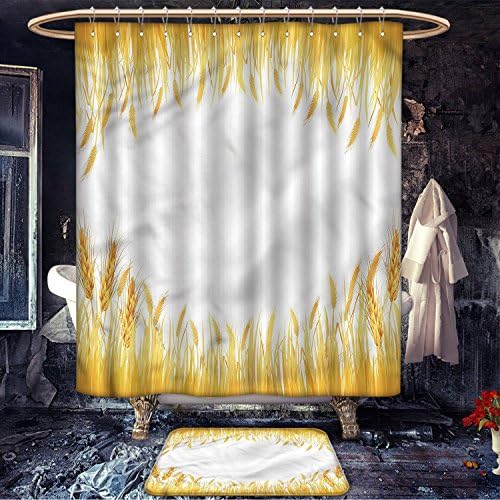 cobeDecor Harvest extra wide Shower curtain bath mat set Crop Rice Field Frame Cereal Bread Seasonal Farmland Flour Food Theme Bathroom Set with Hooks Marigold Yellow White
