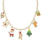 NEKOL Christmas Initial Letter-R Charm Necklace for Women, Candy Canes Snowflakes Santa Claus Christmas Tree Gingerbread Man Gift Box Colorful Holiday Charms